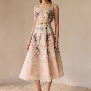 MOTF Floral Square-Neck Midi Dress in Blush Pink and Pastels